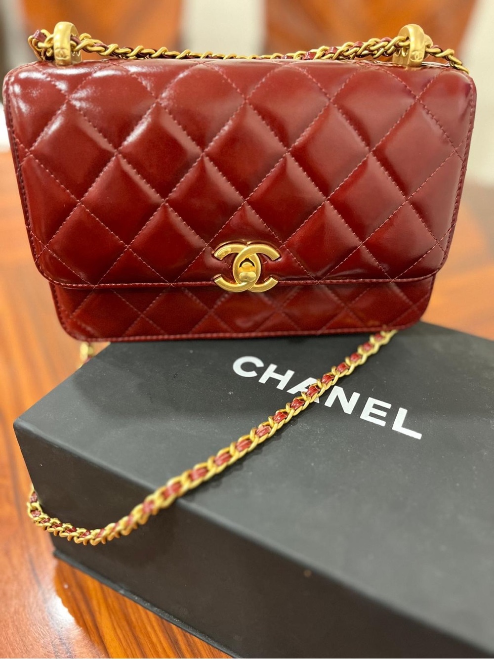 CHANEL Burgundy Quilted Lambskin Crossbody with Gold Hardware